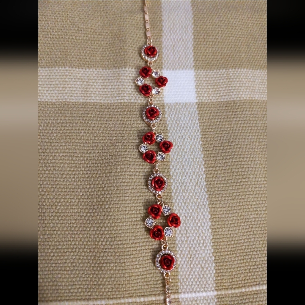 Elegant Red Floral Bracelet Gold Plated